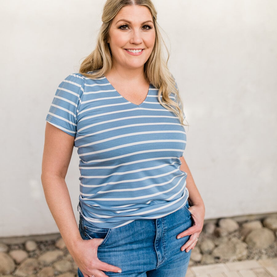 Madison v-neck top - striped light denim
