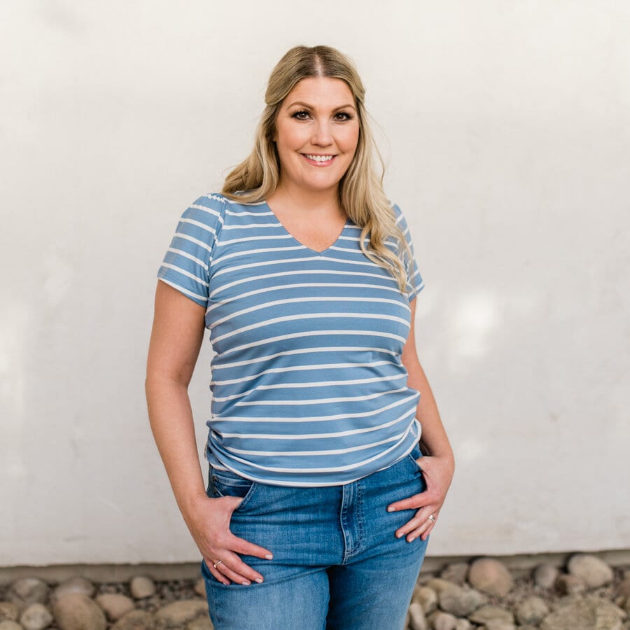 Madison v-neck top - striped light denim