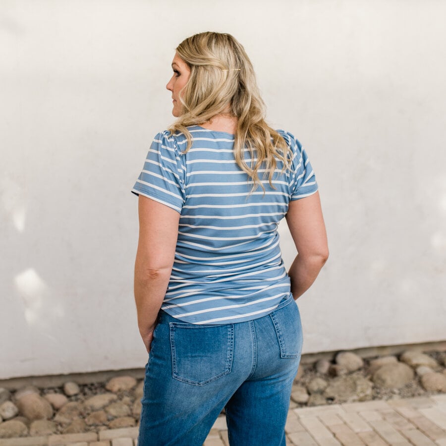 Madison v-neck top - striped light denim